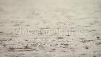 水上大雨秋季天气.. 雨滴和气泡。 水滴掉进水库里。 慢速视频